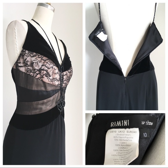 Rimini Black Chiffon Lace & Velvet Formal Gown - Picture 3 of 3